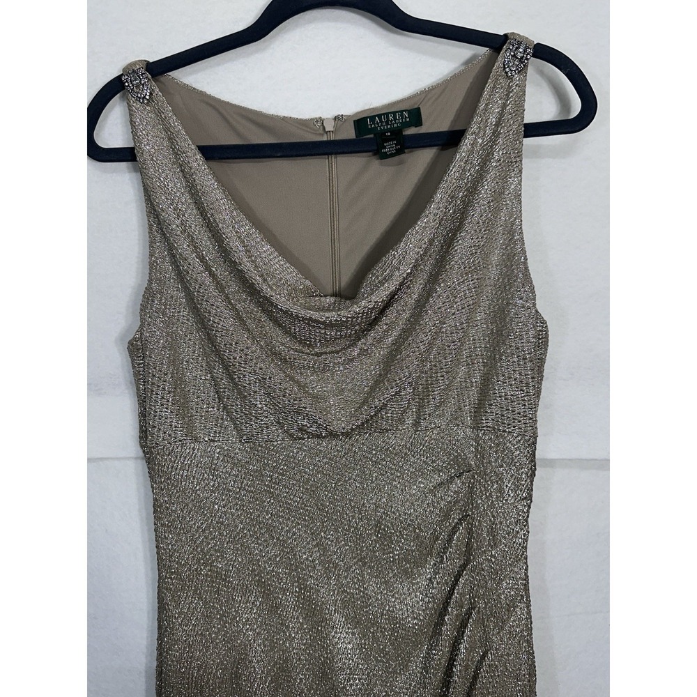 Lauren Ralph Lauren Evening Gold Metallic Rhinestone Cowl Neck Midi Dress Sz 12 - Picture 2 of 8
